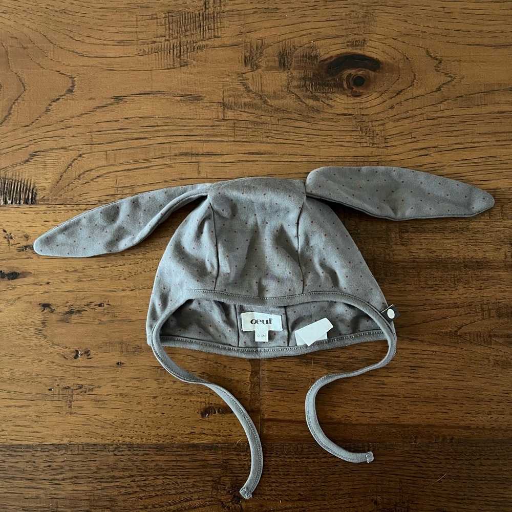 Oeuf Bunny Bonnet, 0-3 Months, Grey with red dots, Easter